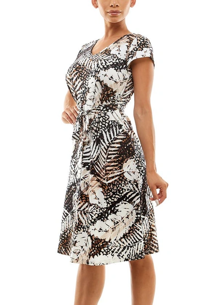 Shop Nina Leonard Patterned Cap Sleeve Fit & Flare Dress In Neutral Multi
