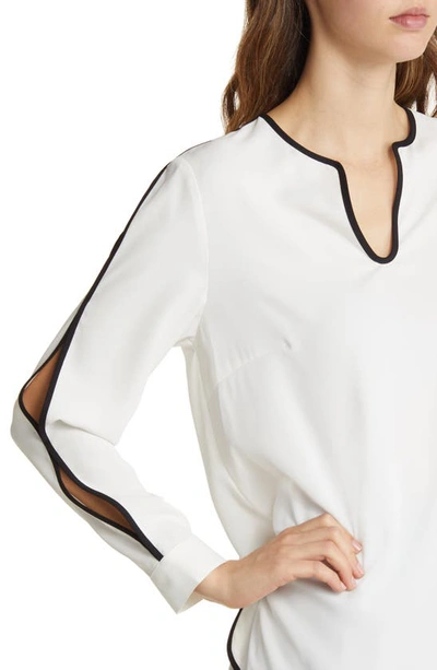 Ming Wang Split Sleeve Crêpe De Chine Blouse In White/ Black