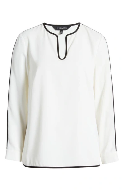 Ming Wang Split Sleeve Crêpe De Chine Blouse In White/ Black