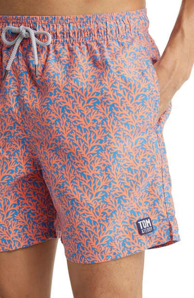 Tom & Teddy Coral Print Swim Trunks In Mid Blue & Orange