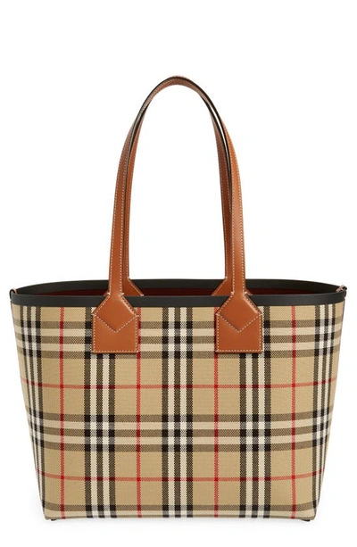 Shop Burberry Small London Check Canvas Tote In Briar Brown/ Black