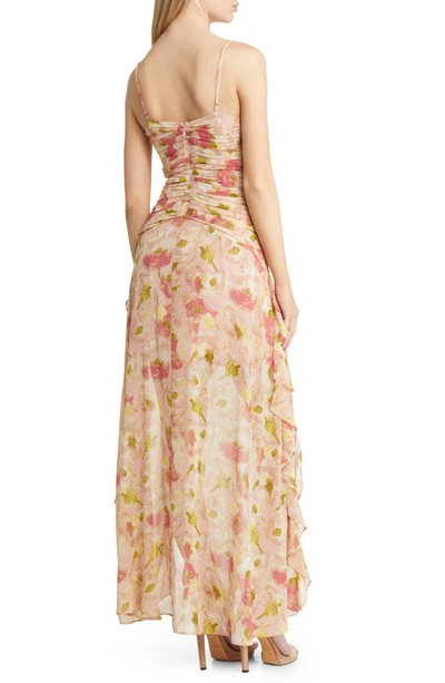 Shop Floret Studios Floral Ruched Bodice Cascading Ruffle Maxi Dress In Peach Floral