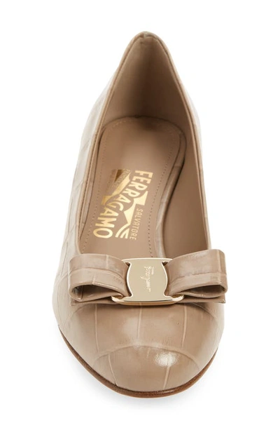 Shop Ferragamo Vara Bow Croc Embossed Pump In Beige