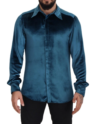 Shop Dolce & Gabbana Blue Viscose Slim Fit Casual Martini Men's Shirt