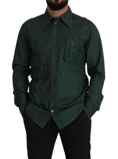 Shop Dolce & Gabbana Dark Green Button Down Long Sleeves Men's Shirt