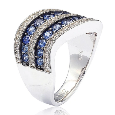 Suzy Levian Sterling Silver/ 18k Gold 2.49tcw Sapphire And Diamond Accent Wavy Ring In Blue
