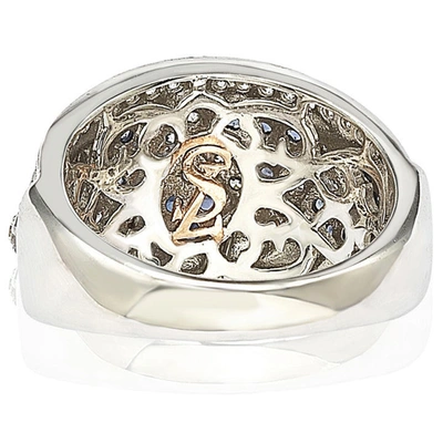 Suzy Levian Sterling Silver And 18k Gold Sapphire And Diamond Pave Zig Zag Ring In Blue