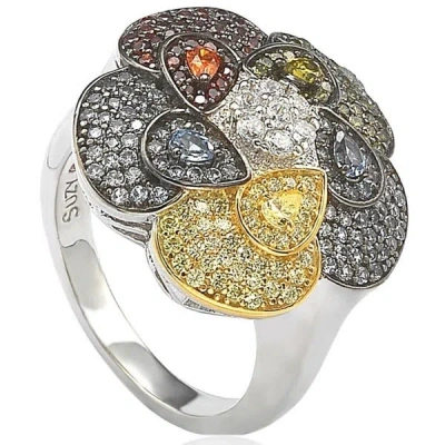 Suzy Levian Pave Cubic Zirconia Sterling Silver Multi-color Flower Ring