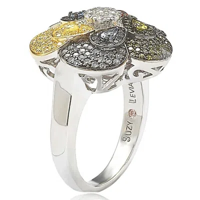 Suzy Levian Pave Cubic Zirconia Sterling Silver Multi-color Flower Ring
