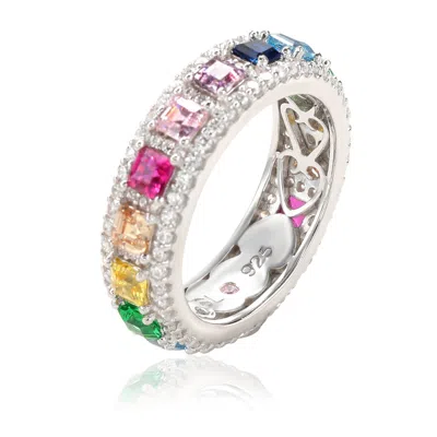 Suzy Levian Sterling Silver Rainbow Cubic Zirconia Modern Eternity Band In Multi