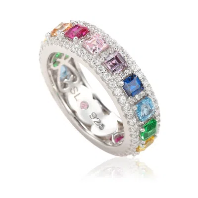 Suzy Levian Sterling Silver Rainbow Cubic Zirconia Modern Eternity Band In Multi