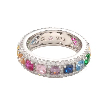 Suzy Levian Sterling Silver Rainbow Cubic Zirconia Modern Eternity Band In Multi
