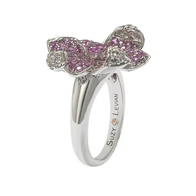 Suzy Levian Pink Sapphire And Diamond Accent In Sterling Silver Flower Petal Ring In Blue