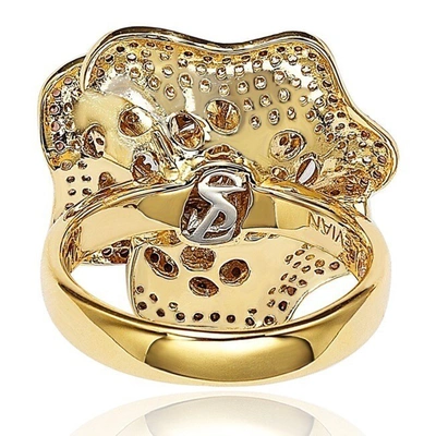 Suzy Levian Golden Sterling Silver Brown And White Cubic Zirconia Pave Flower Ring