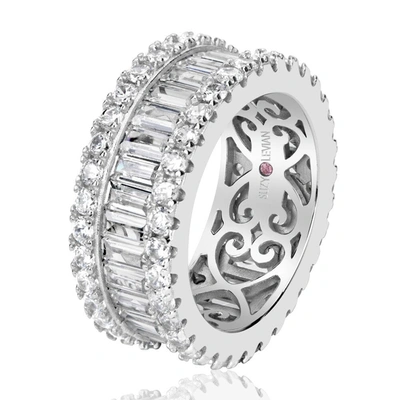 Suzy Levian Sterling Silver Cubic Zirconia White Baguette And Round Wide Eternity Band