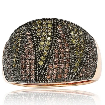 Suzy Levian Rose Gold Over Sterling Silver Cubic Zirconia Micro Pave Wide Band Ring In Brown