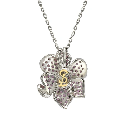 Suzy Levian Pink Sapphire And Diamond Accent In Sterling Silver Petite Flower Pendant In Pink