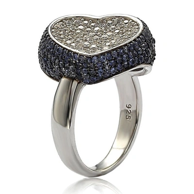 Suzy Levian Sterling Silver Sapphire And Diamond Accent Micro Pave Heart Ring In Blue
