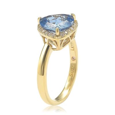 Shop Suzy Levian Gold Plated Sterling Silver Aqua Cubic Zirconia Trillion-cut Ring In Blue