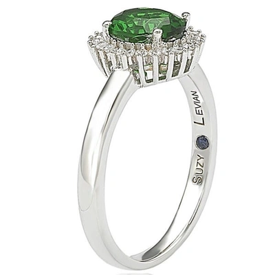 Suzy Levian Sterling Silver Simulated Green Emerald Oval Cubic Zirconia Halo Ring