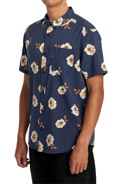 Shop Rvca Botanical Short Sleeve Button-up Shirt In Moody Blue