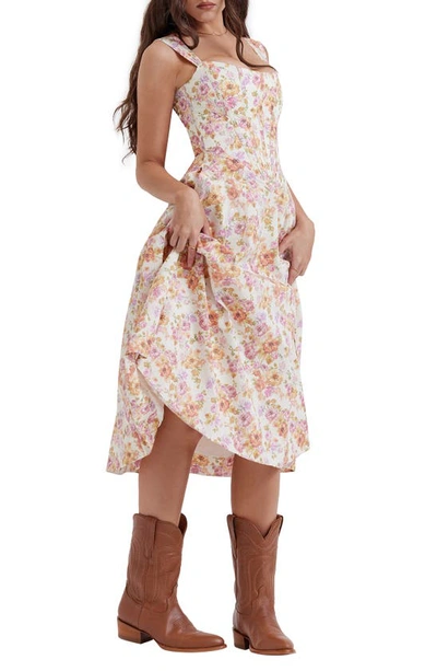 Shop House Of Cb Saira Floral Lace-up Corset Cocktail Dress In Ivory/ Pink Multi