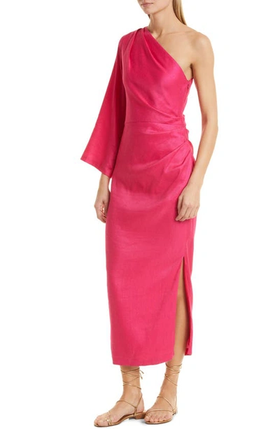 Shop Veronica Beard Patsy One-shoulder Linen Blend Dress In Fuchsia