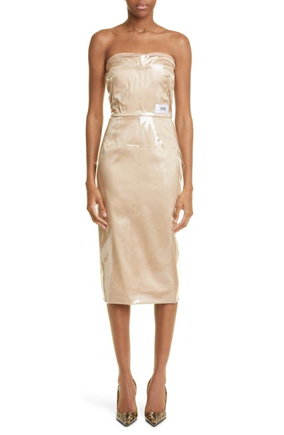 Shop Dolce & Gabbana Ruched Pvc Overlay Satin Midi Dress In Beige