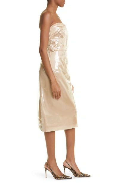 Shop Dolce & Gabbana Ruched Pvc Overlay Satin Midi Dress In Beige