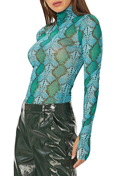 Shop Afrm Zadie Mesh Turtleneck Top In Teal Snake