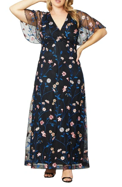 Shop Kiyonna Embroidered Elegance Floral Gown In Midnight Meadow