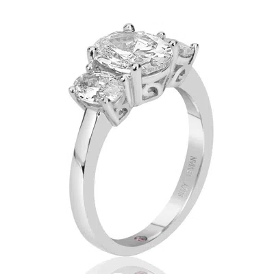 Suzy Levian Sterling Silver White Oval Cut Cubic Zirconia 3-stone Engagement Ring