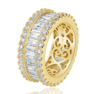 Suzy Levian Yellow Sterling Silver Cubic Zirconia White Baguette And Round Wide Eternity Band
