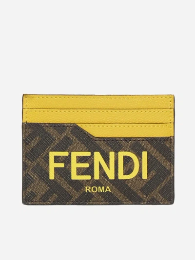 Shop Fendi Ff Leather Card Holder In Yellow,brown
