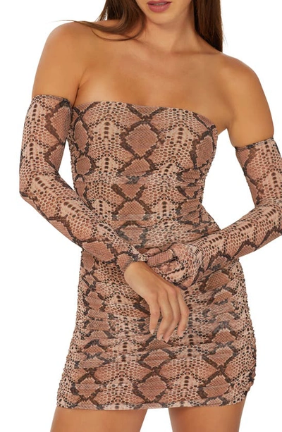 Shop Afrm Danni Snakeskin Print Minidress With Gloves In Neutral Animal