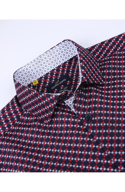 Shop Azaro Uomo Slim Fit Geometric Print Performance Dress Shirt In Navy