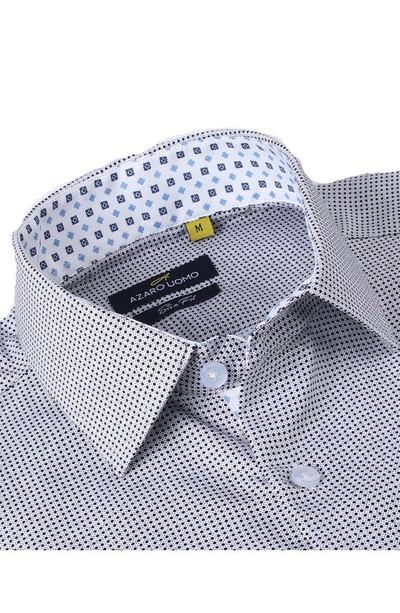 Shop Azaro Uomo Slim Fit Geometric Print Performance Dress Shirt In Blue