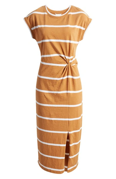 Shop Caslon Twist Waist Organic Cotton Midi T-shirt Dress In Tan Sugar- White Stripe