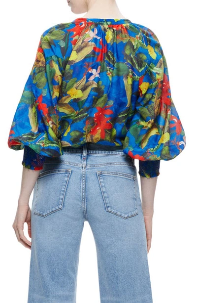 Shop Alice And Olivia Lang Floral Print Smocked Cuff Cotton & Silk Blouse In Tropical Sunrise Sapphire