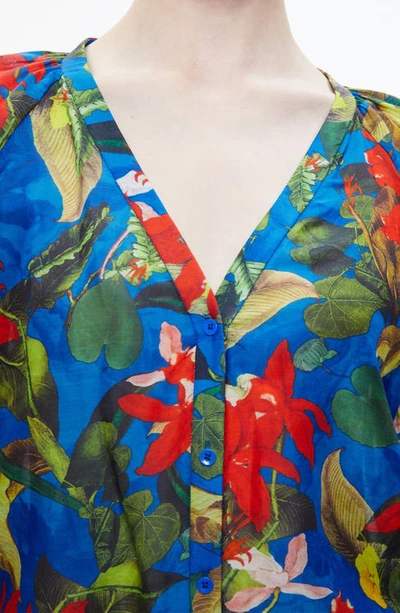 Shop Alice And Olivia Lang Floral Print Smocked Cuff Cotton & Silk Blouse In Tropical Sunrise Sapphire