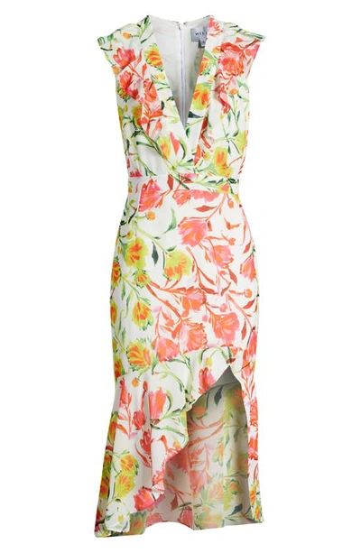 Milly Nanci Neon Botanical Ruffle Dress In White Multi