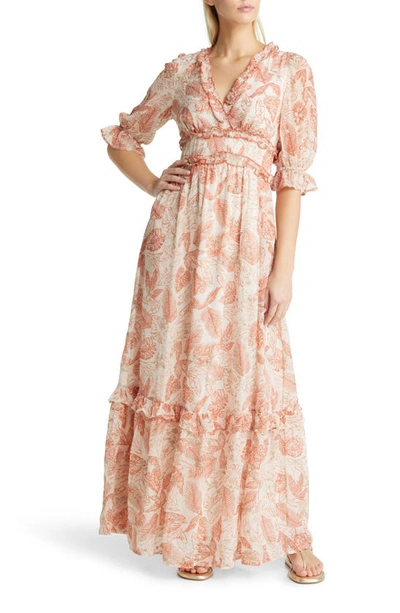 Shop Btfl-life Leaf Print Ruffle Puff Sleeve Maxi Dress In Apricot