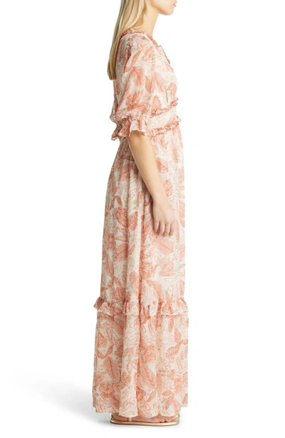 Shop Btfl-life Leaf Print Ruffle Puff Sleeve Maxi Dress In Apricot