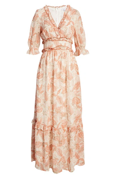 Shop Btfl-life Leaf Print Ruffle Puff Sleeve Maxi Dress In Apricot