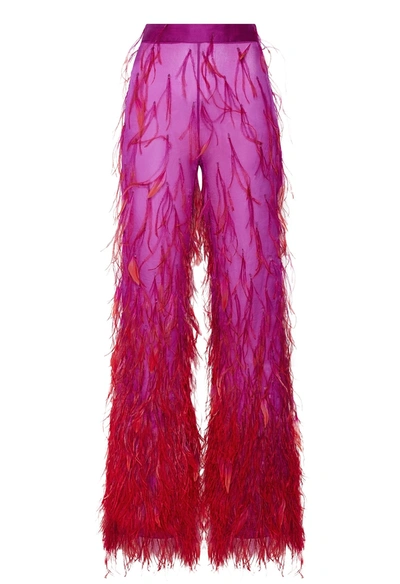Shop Lapointe Organza Ombre Feather Embroidery Trouser In Neon Purple