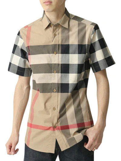 Shop Burberry Short-sleeved Check Shirt In Stretch Cotton Poplin In Nude & Neutrals