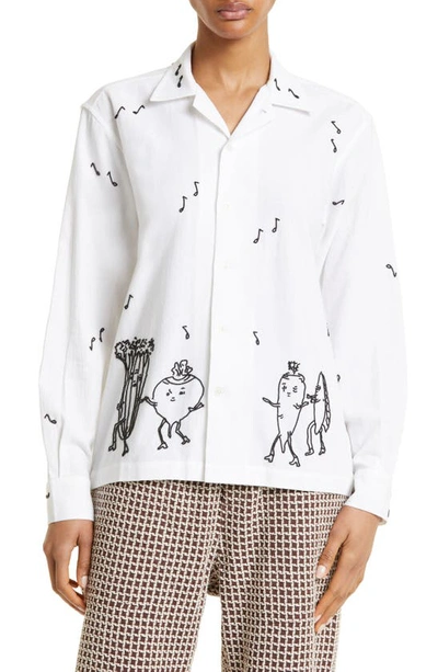 Shop Bode Dancing Pantry Embroidered Cotton Button-up Shirt In White Black