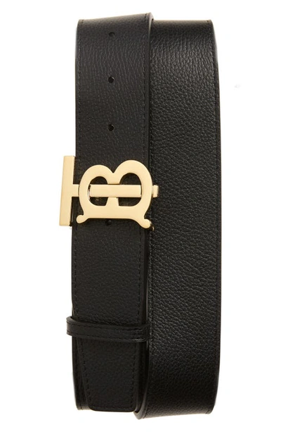 Shop Burberry Monogram Buckle Leather Belt In Black/ Gold