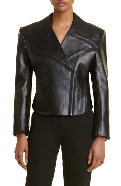 Shop Victoria Beckham Carina Bonded Leather Biker Jacket In Black