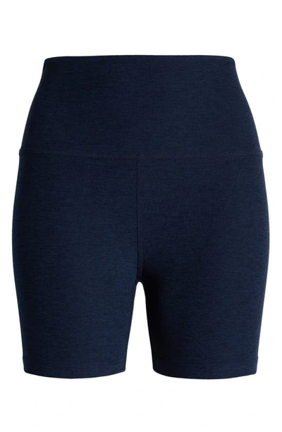 Shop Beyond Yoga Keep Pace Space Dye Bike Shorts In Nocturnal Navy